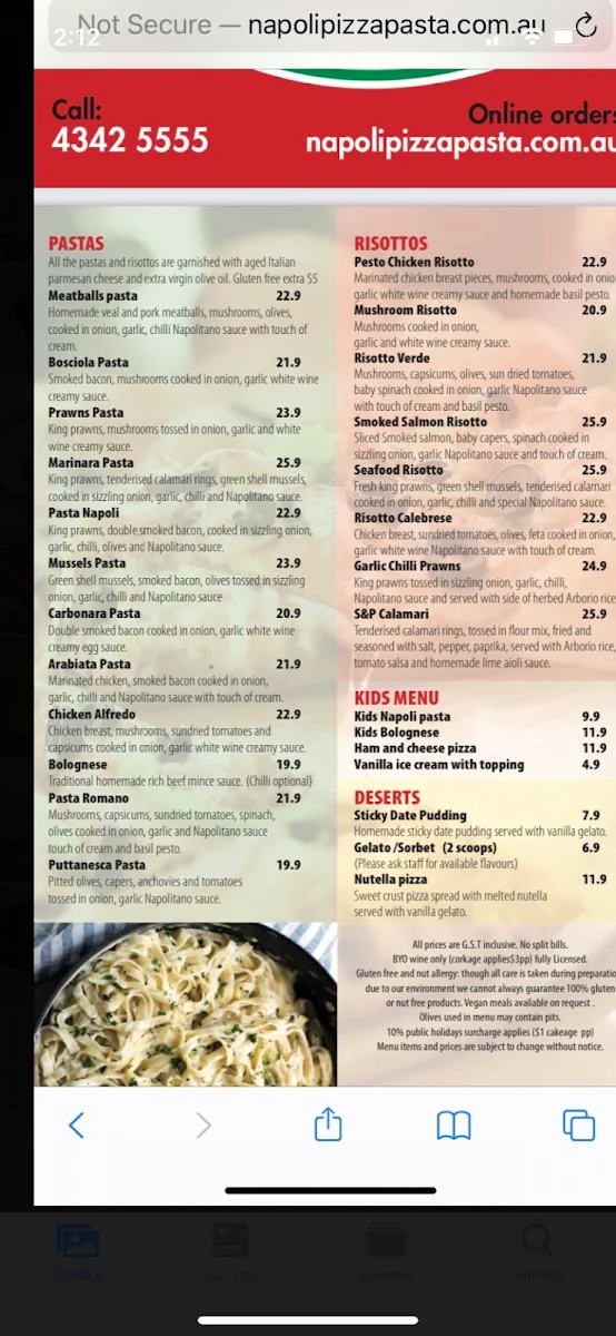 Menu, Napoli Pizza Pasta Restaurant