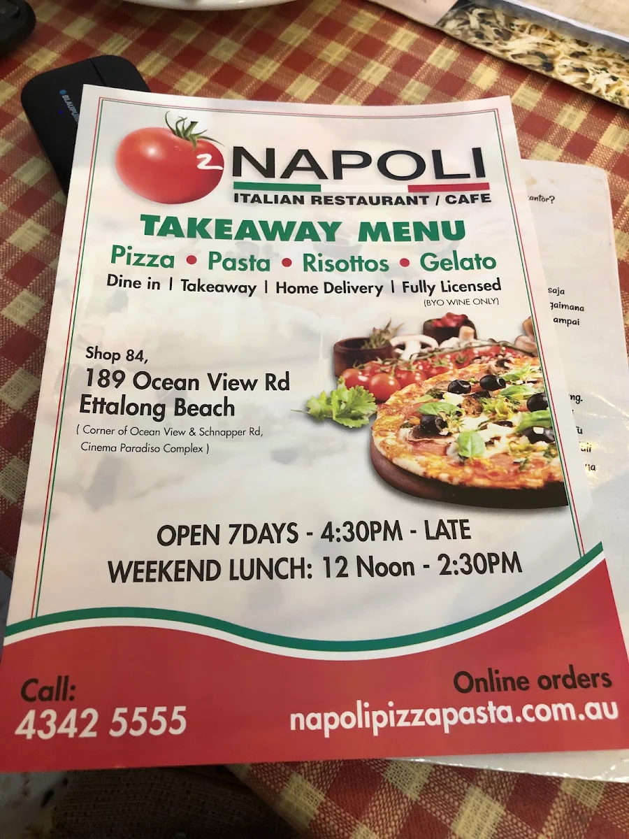 Menu, Napoli Pizza Pasta Restaurant