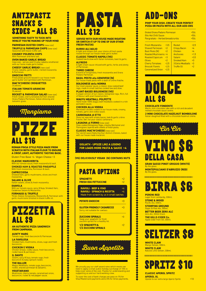 Menu, Etto Pasta Bar - Elsternwick