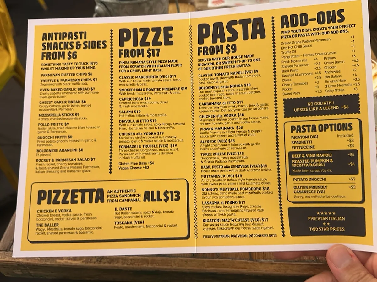 Menu, Etto Pasta Bar - Elsternwick