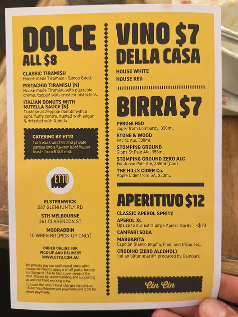 Menu, Etto Pasta Bar - Elsternwick