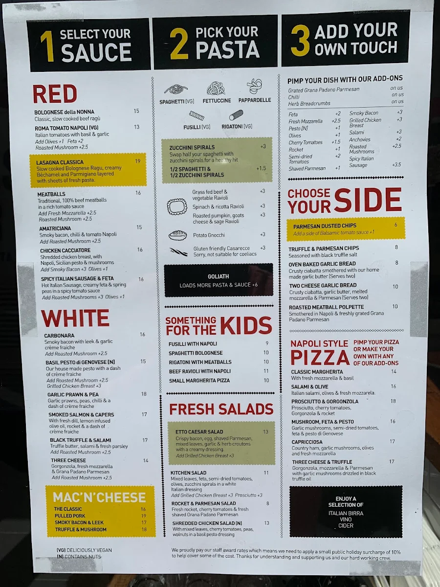 Menu, Etto Pasta Bar - Elsternwick