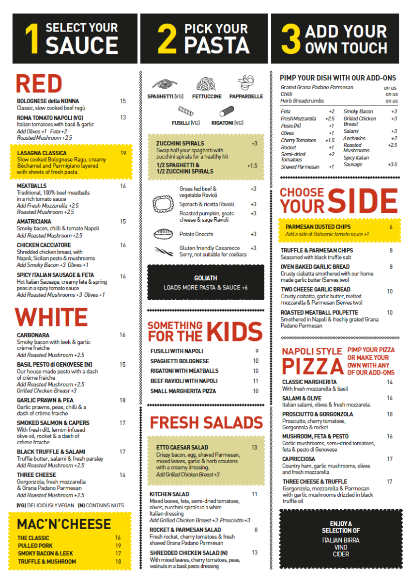 Menu, Etto Pasta Bar - Elsternwick