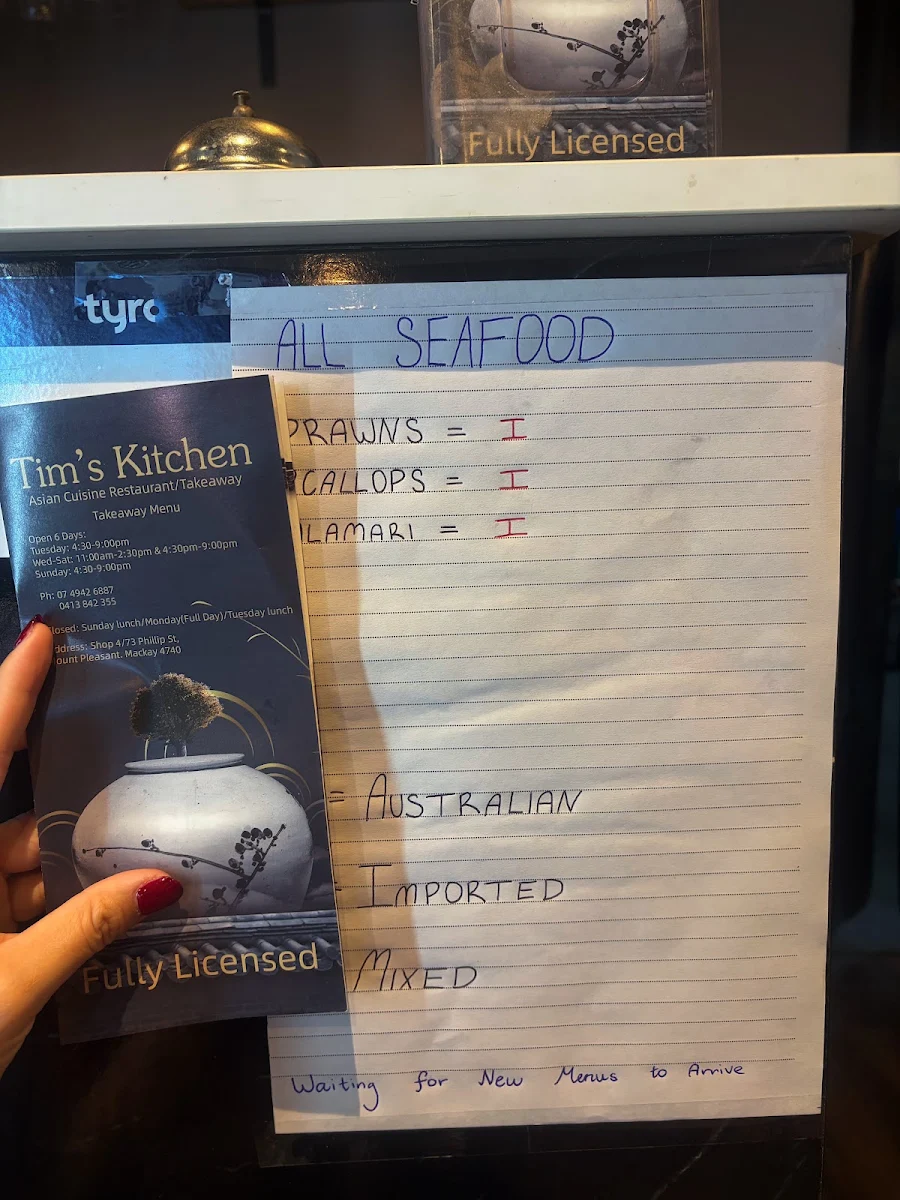 Menu, Tim's Kitchen