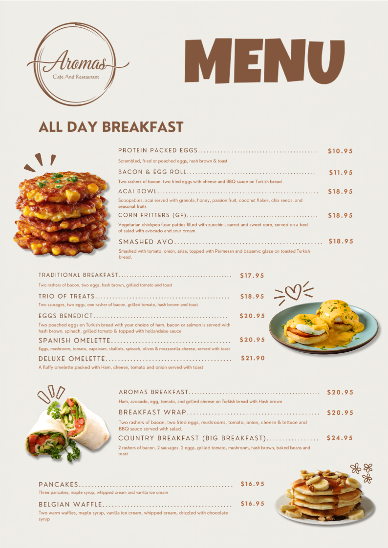 Menu, Aromas Cafe and Restaurant