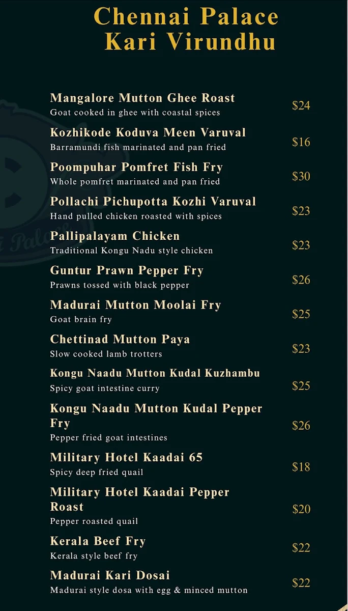 Menu, Chennai Palace Indian Restaurant