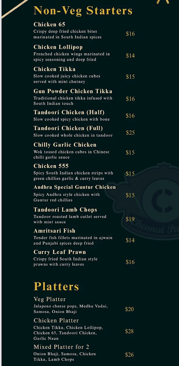 Menu, Chennai Palace Indian Restaurant