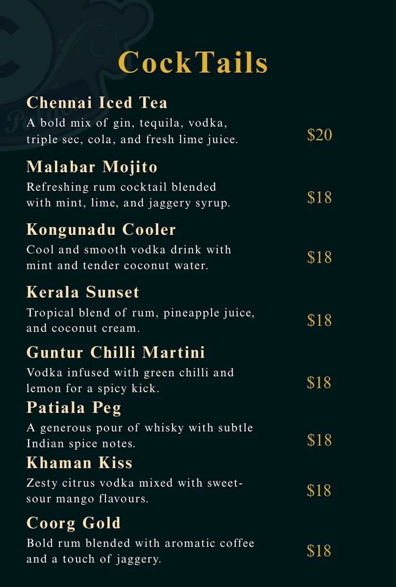 Menu, Chennai Palace Indian Restaurant