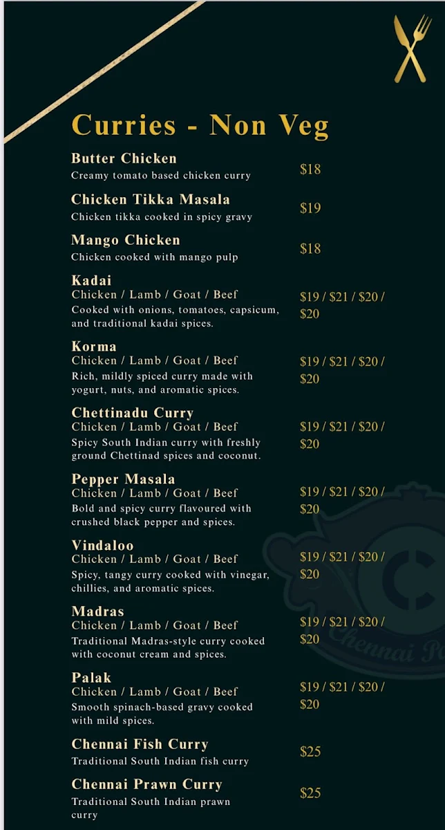 Menu, Chennai Palace Indian Restaurant
