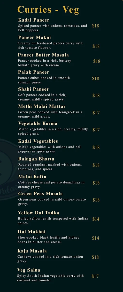 Menu, Chennai Palace Indian Restaurant