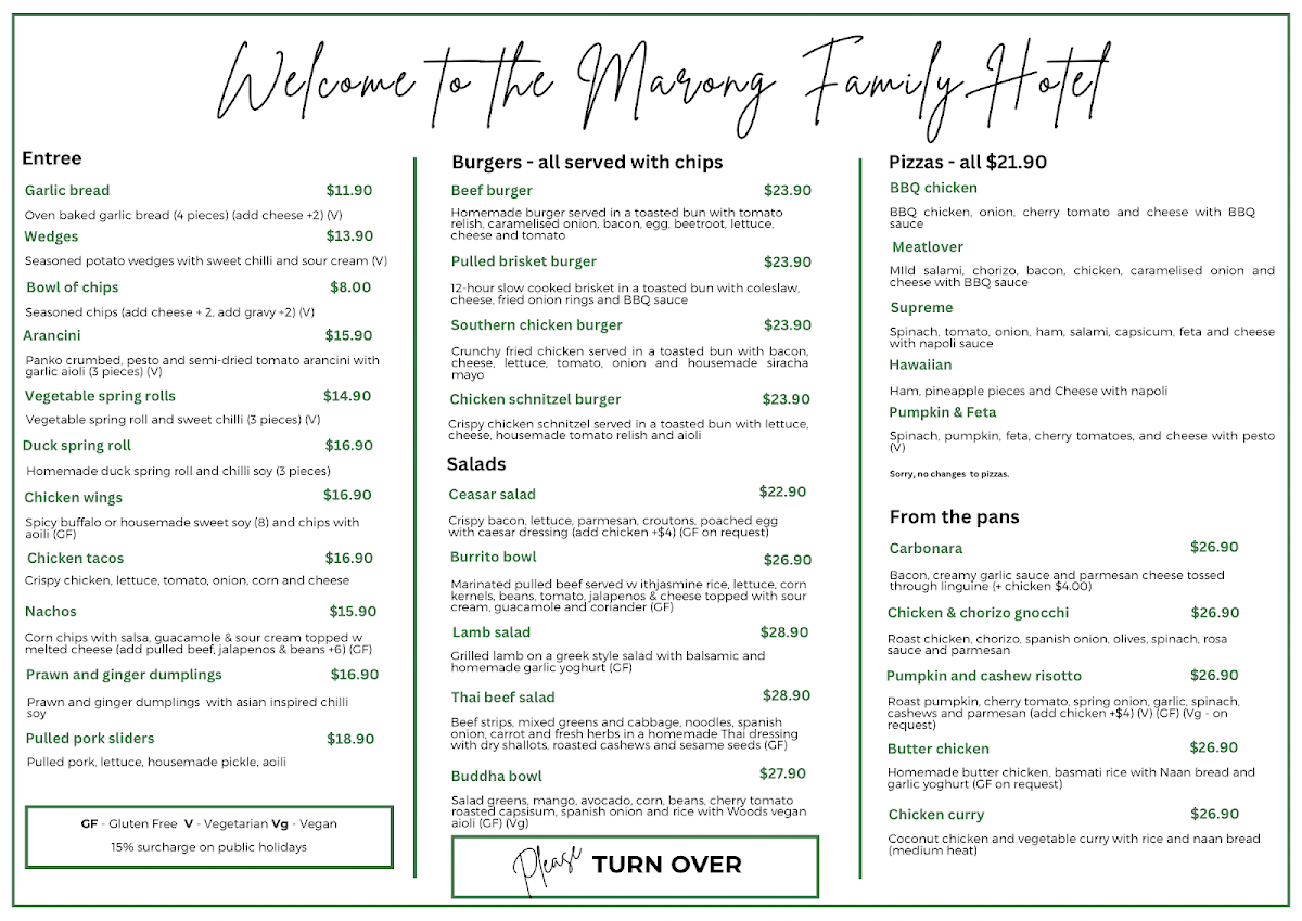 Menu, Marong Family Hotel