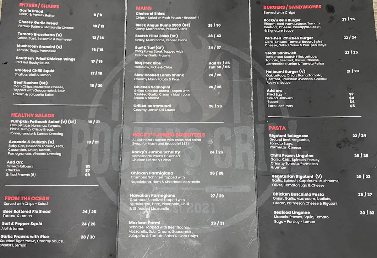 Menu, Rocky’s Grill