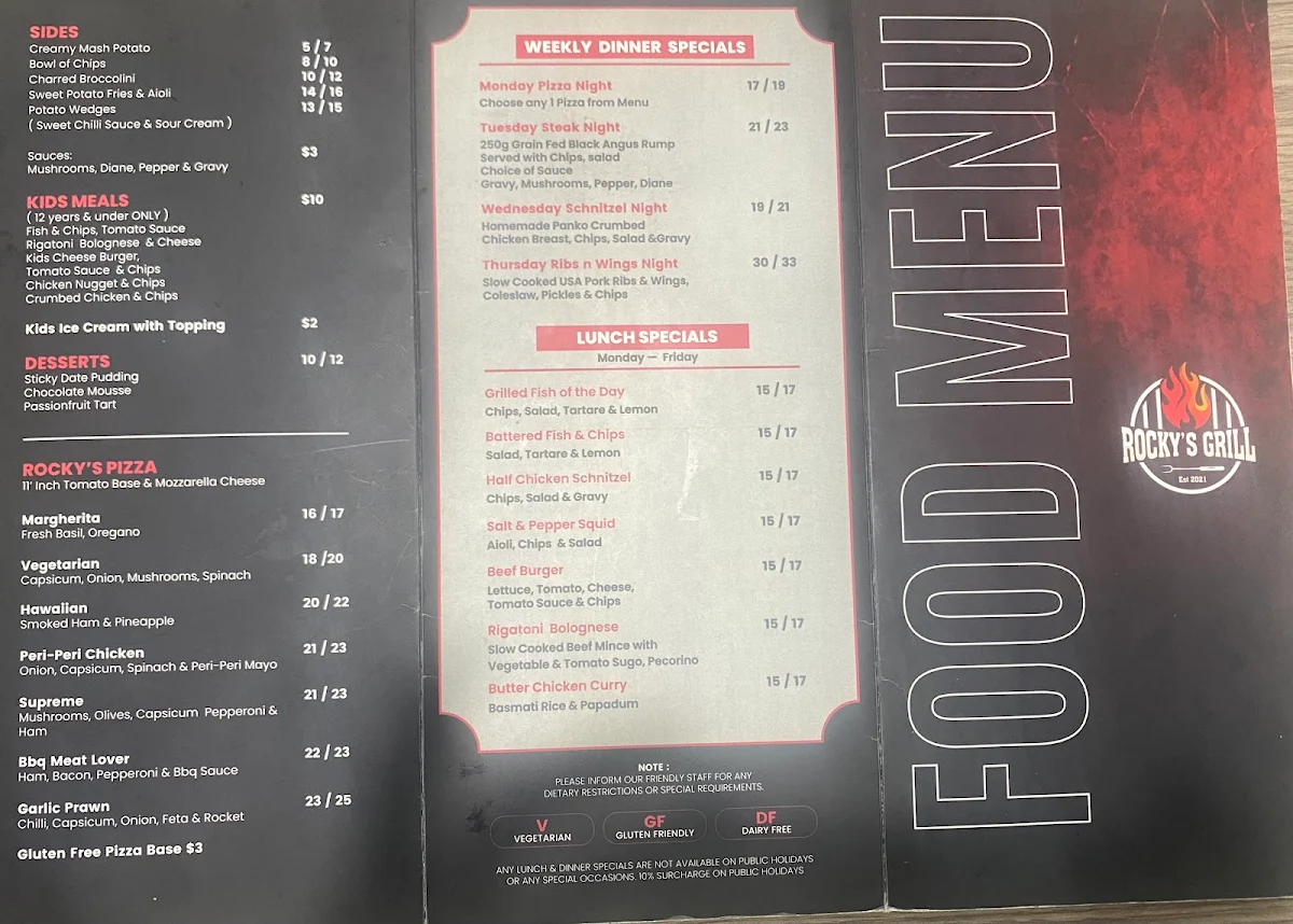 Menu, Rocky’s Grill