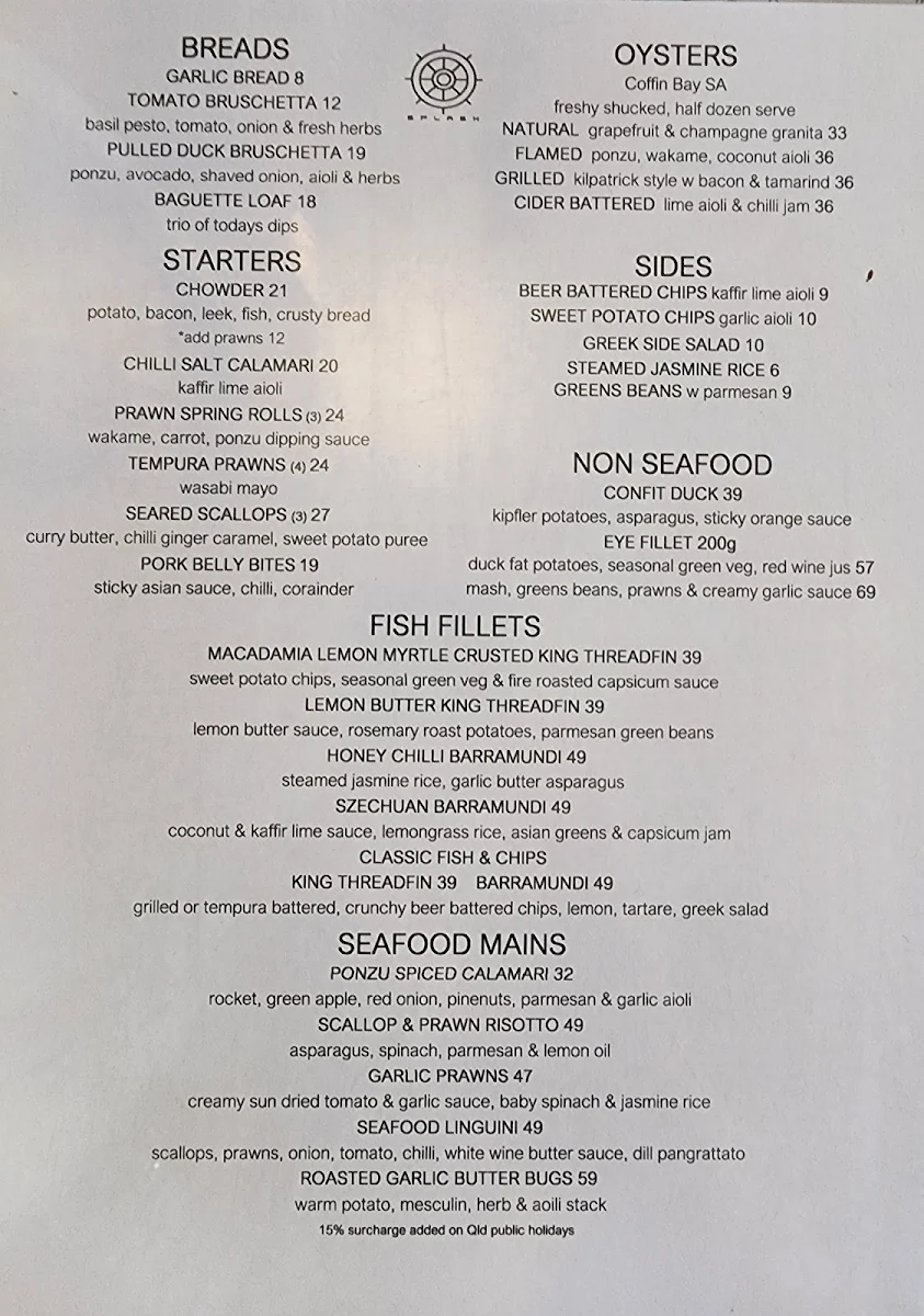 Menu, Splash Seafood Restaurant