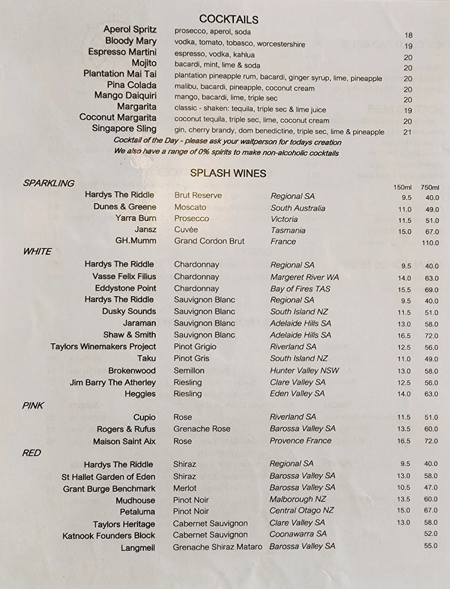 Menu, Splash Seafood Restaurant