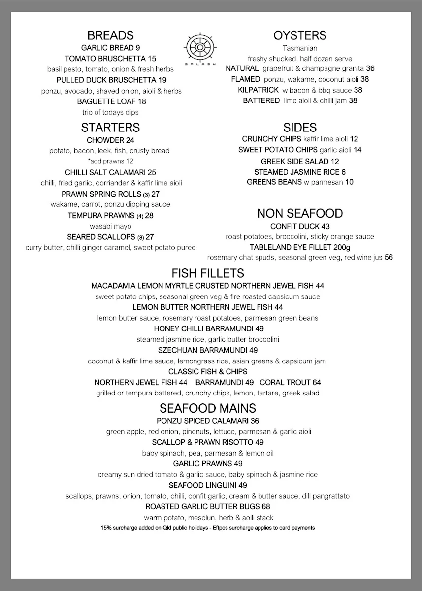 Menu, Splash Seafood Restaurant