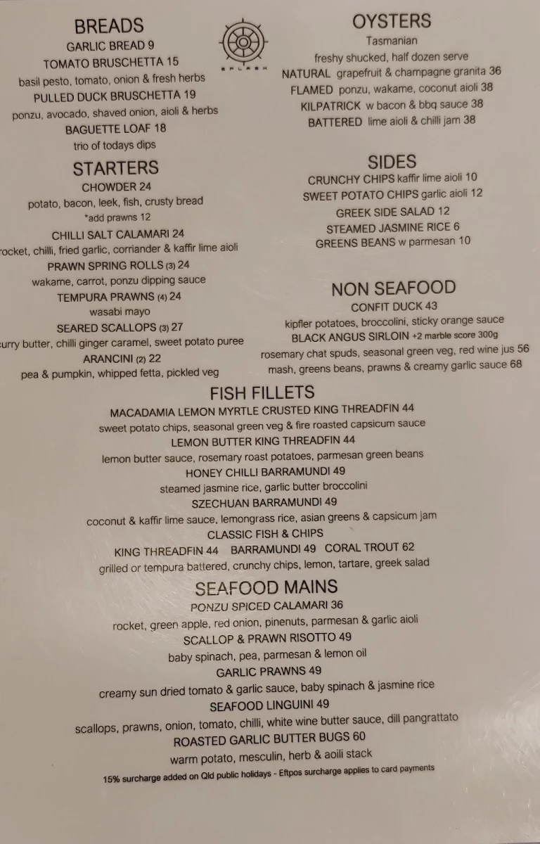 Menu, Splash Seafood Restaurant