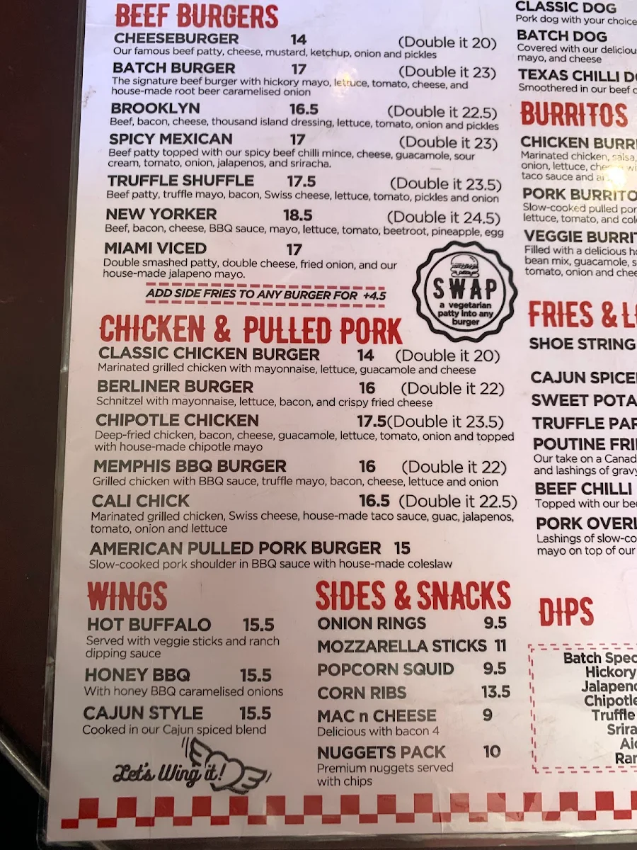 Menu, Batch Burgers