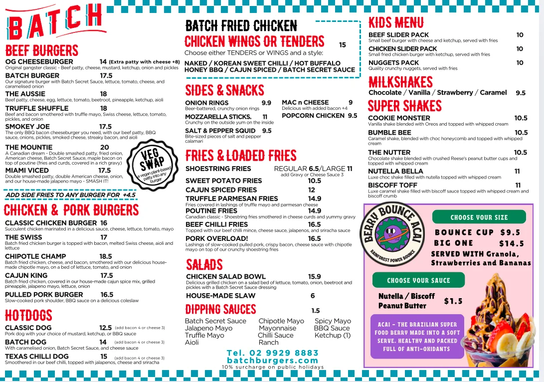 Menu, Batch Burgers