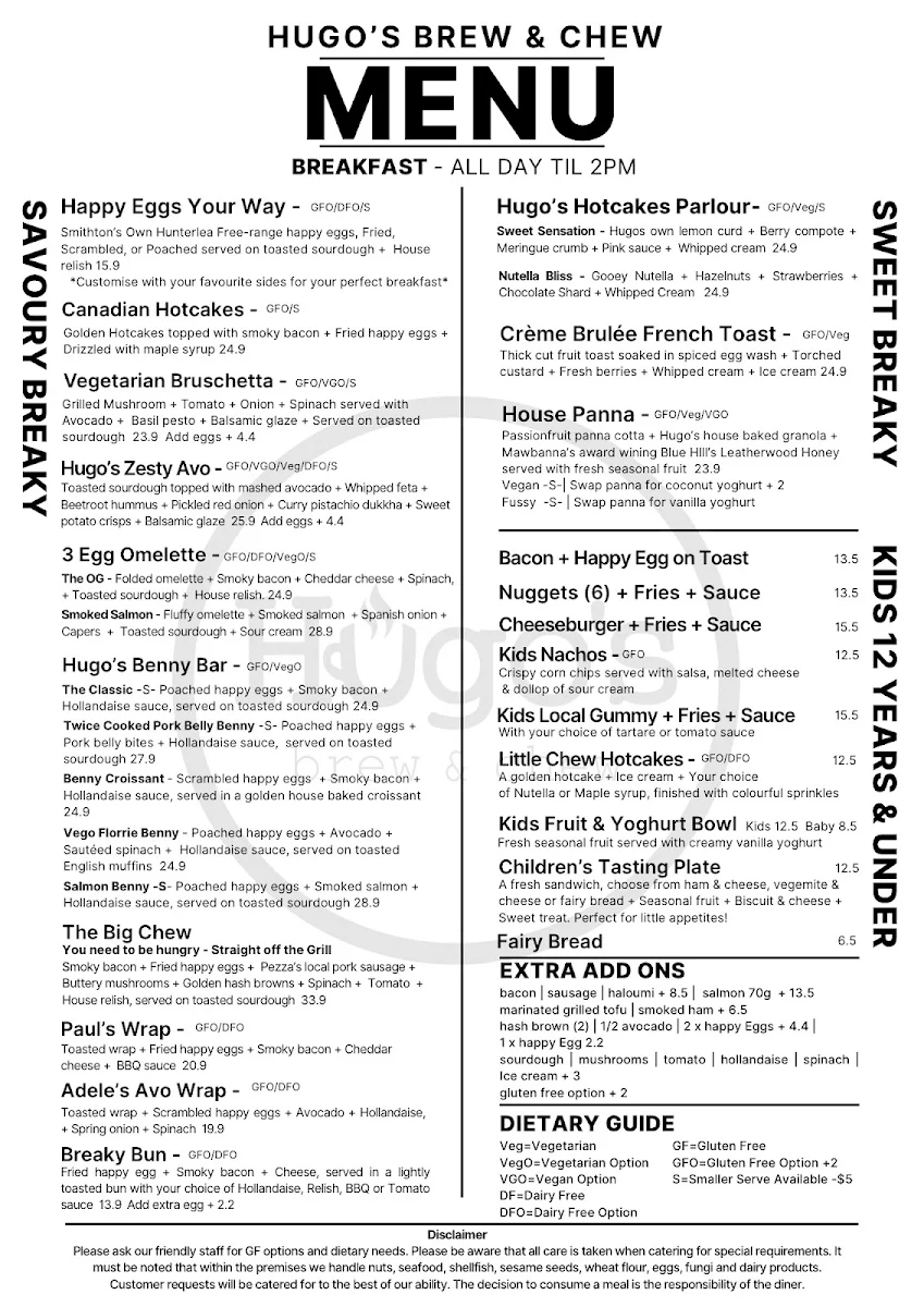 Menu, Hugo's Brew and Chew