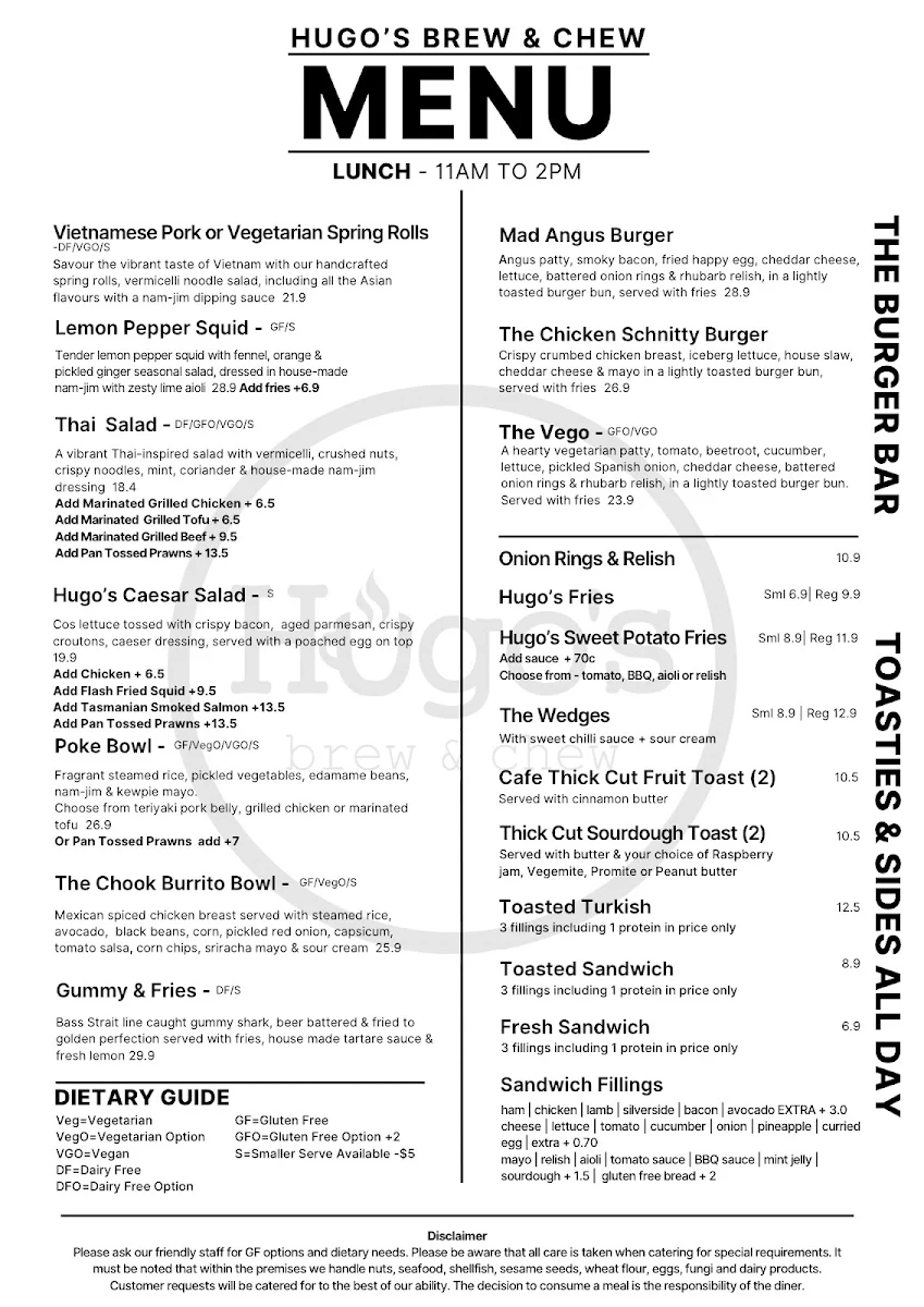 Menu, Hugo's Brew and Chew