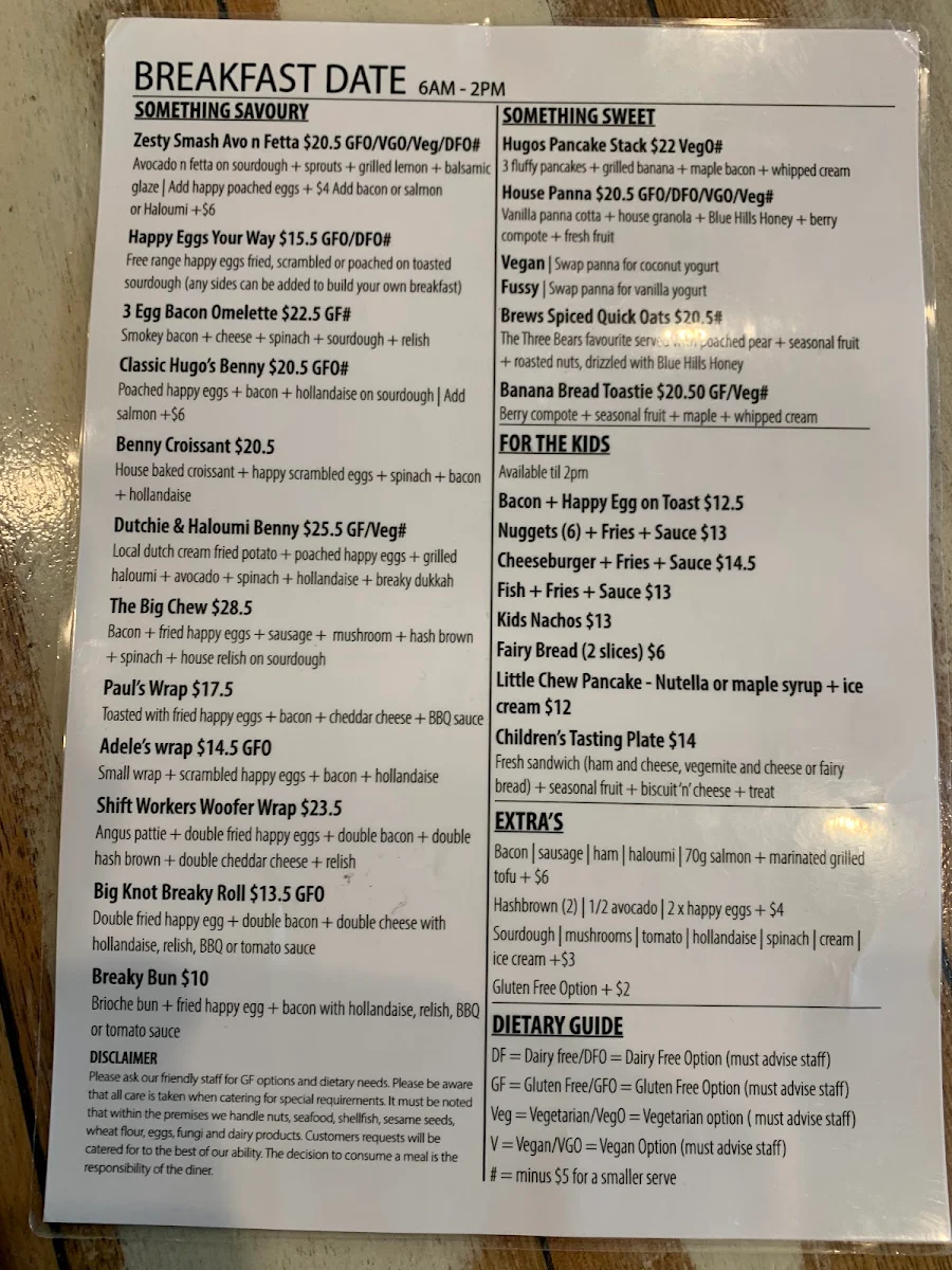 Menu, Hugo's Brew and Chew