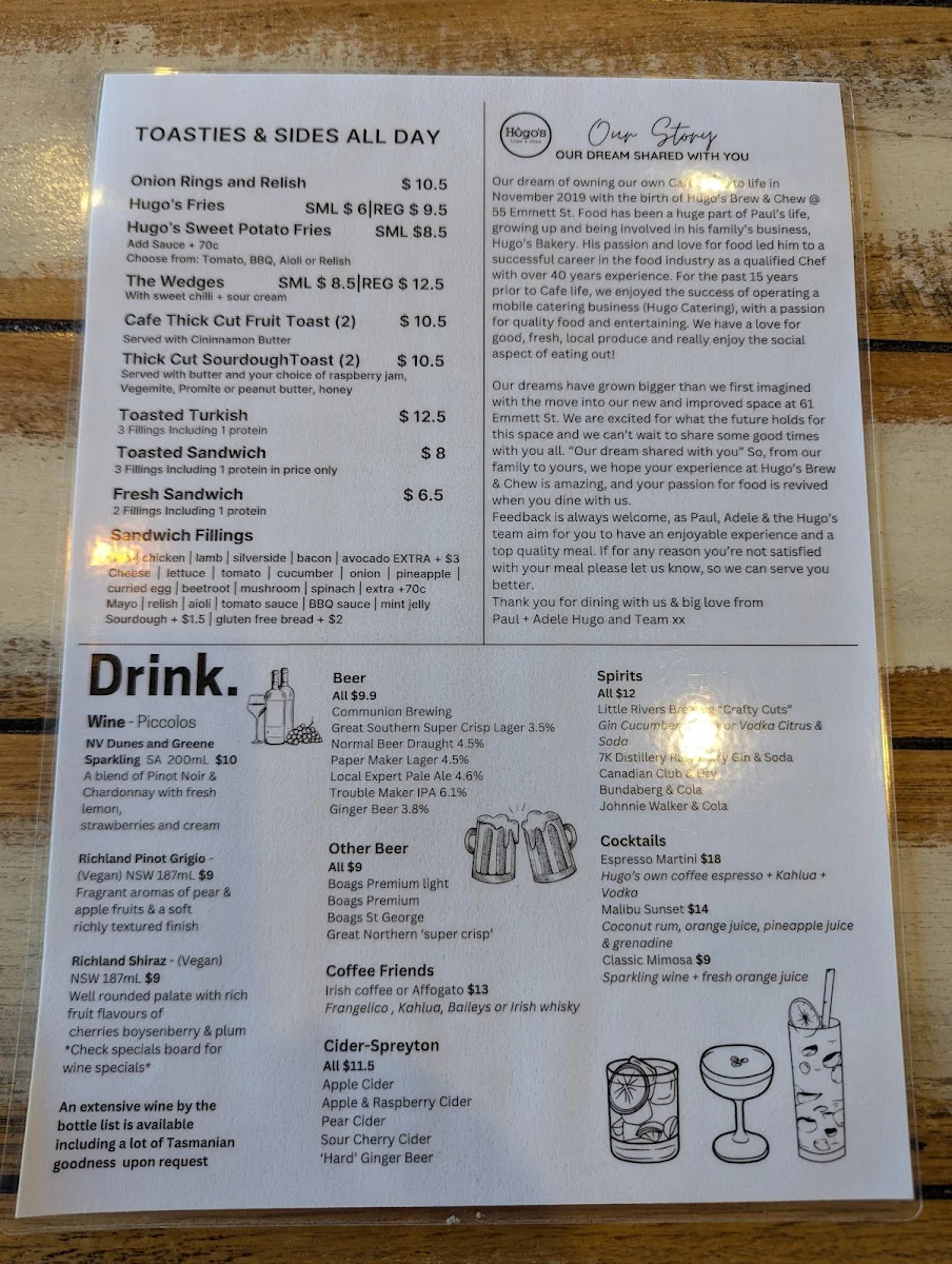Menu, Hugo's Brew and Chew