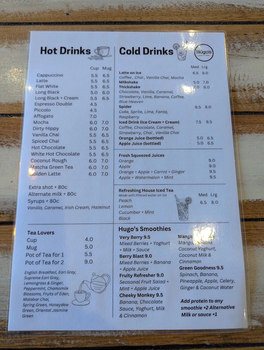 Menu, Hugo's Brew and Chew