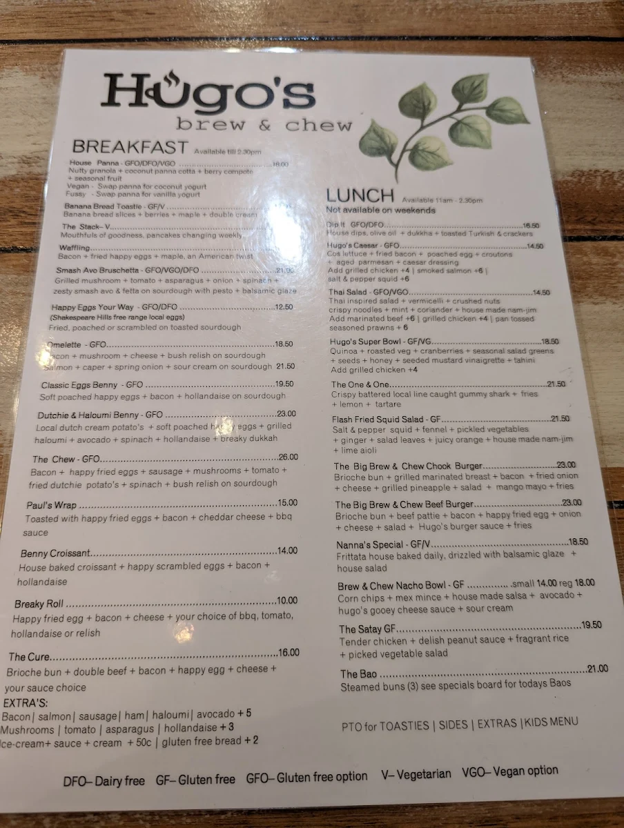 Menu, Hugo's Brew and Chew