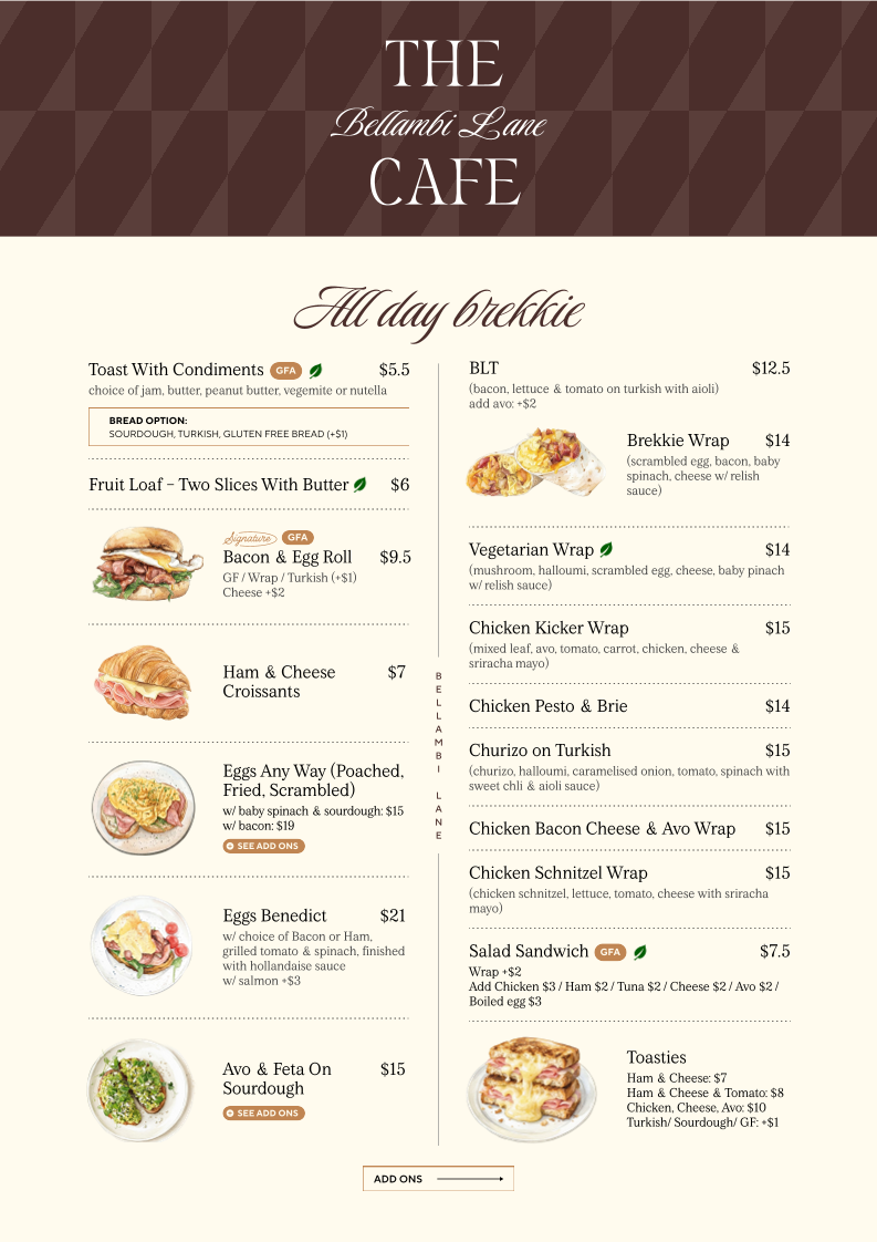 Menu, Bellambi Lane Cafe