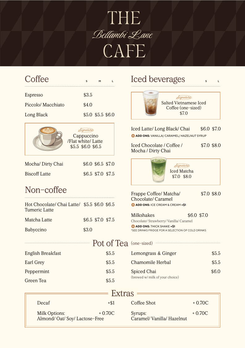Menu, Bellambi Lane Cafe