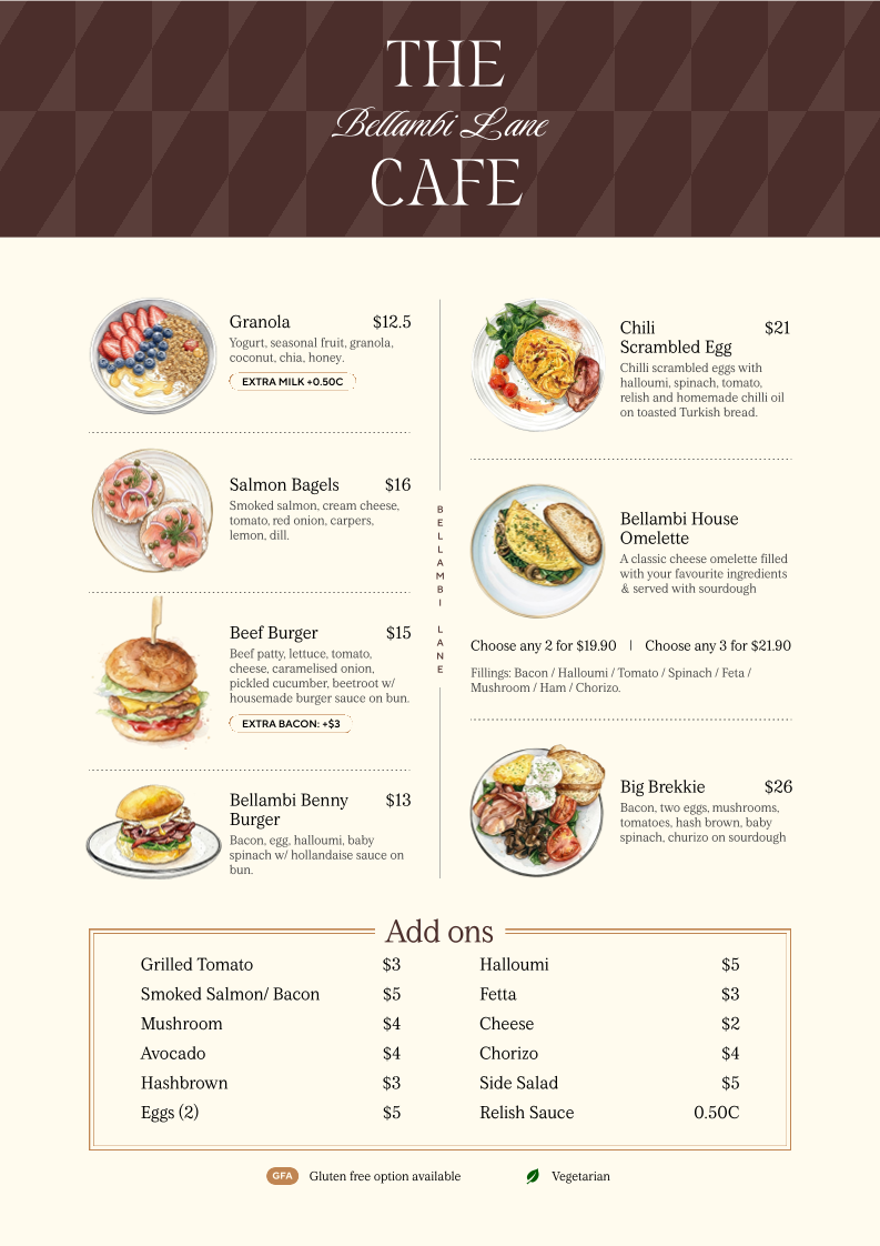 Menu, Bellambi Lane Cafe