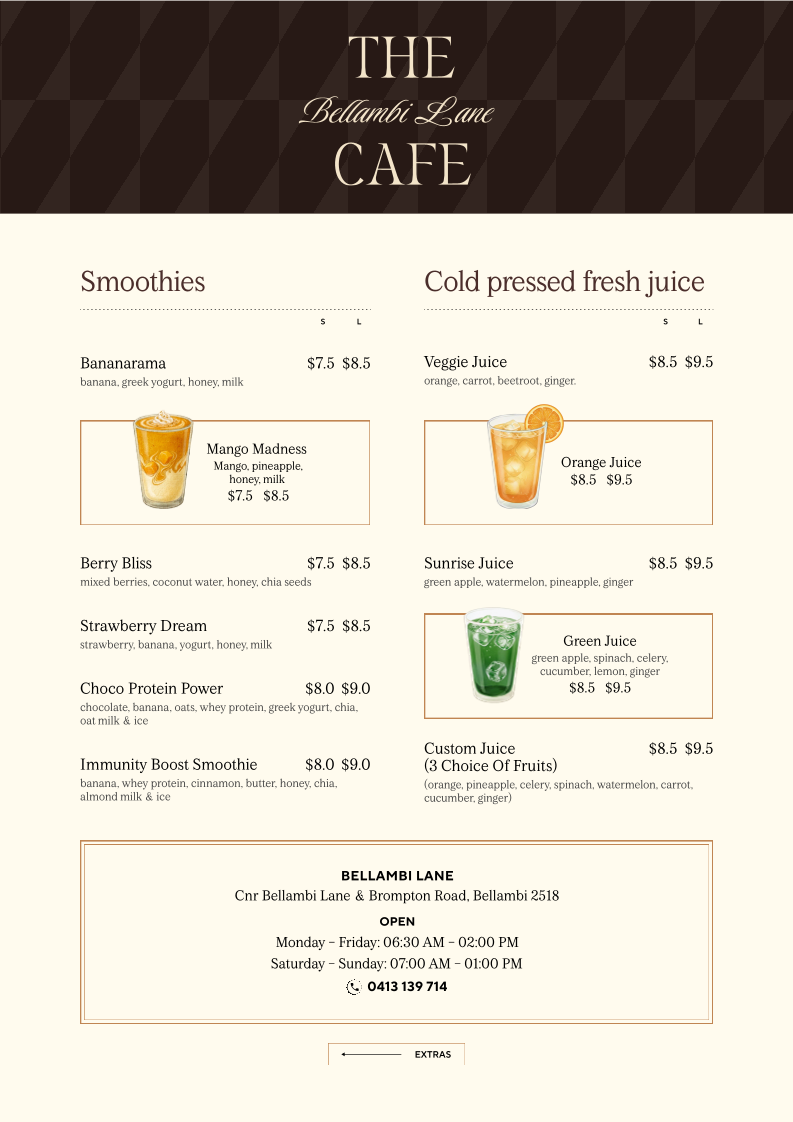Menu, Bellambi Lane Cafe