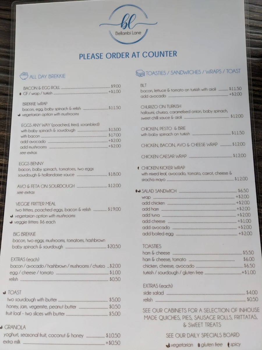 Menu, Bellambi Lane Cafe