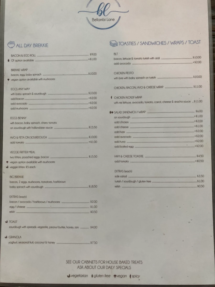 Menu, Bellambi Lane Cafe