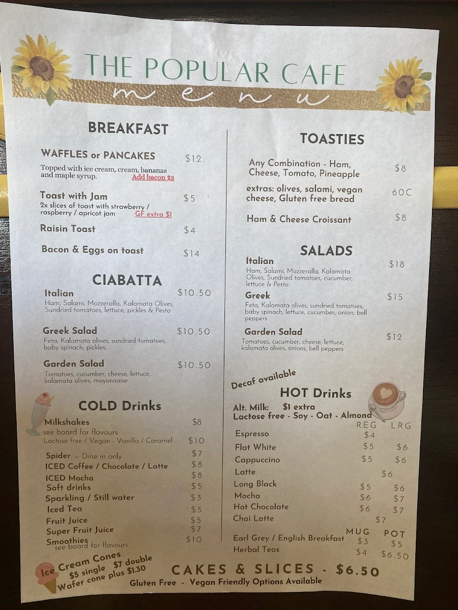 Menu, Popular Cafe OPEN