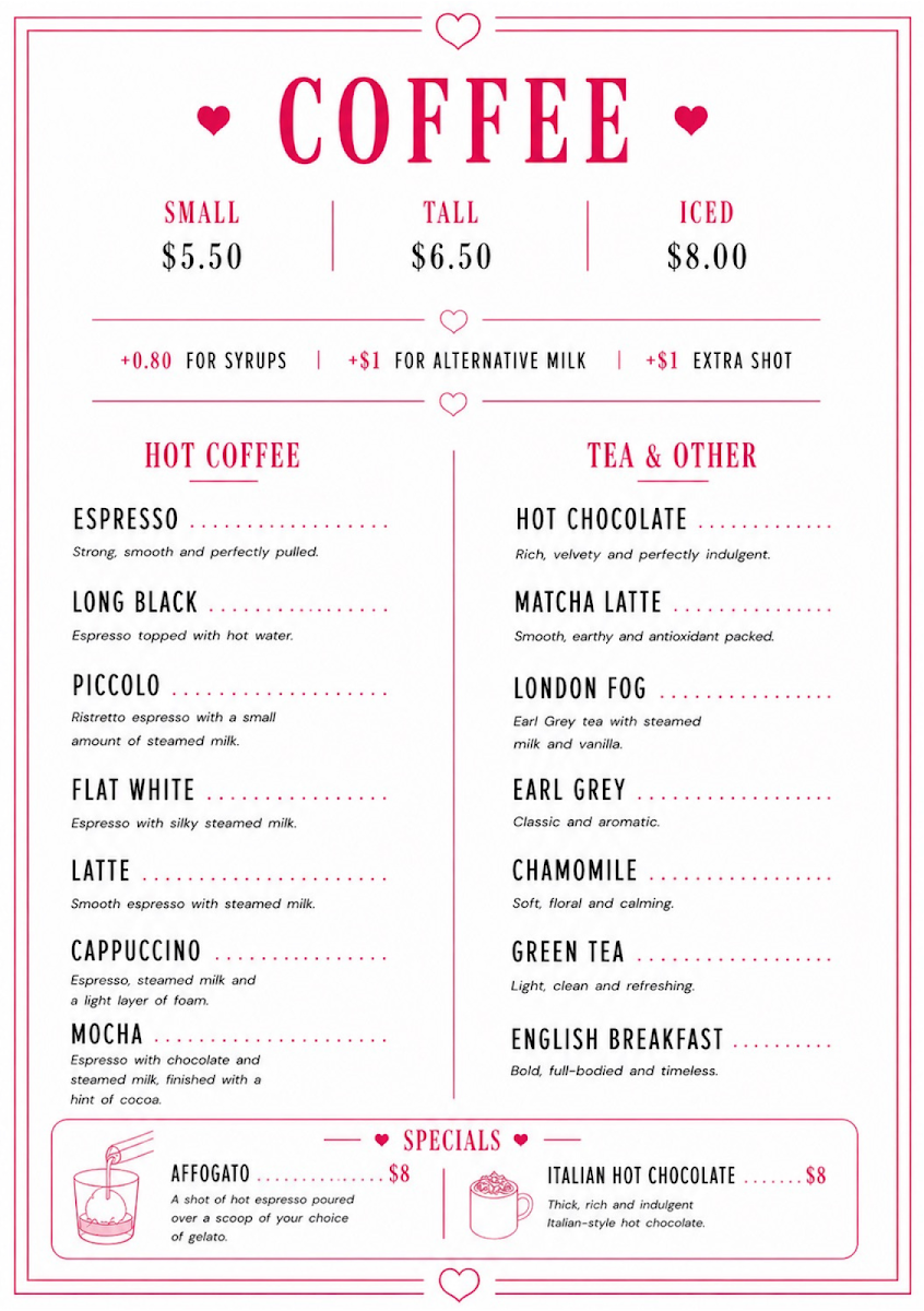 Menu, Loverboy Cafe