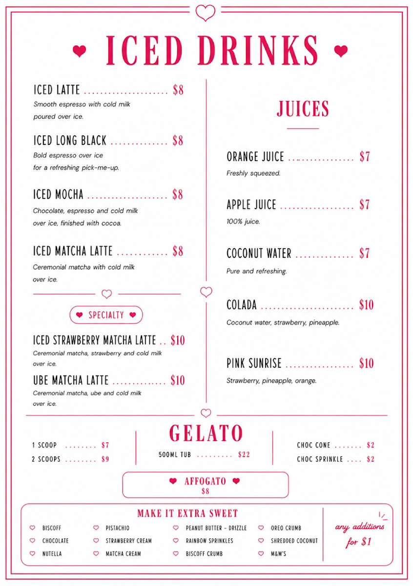 Menu, Loverboy Cafe