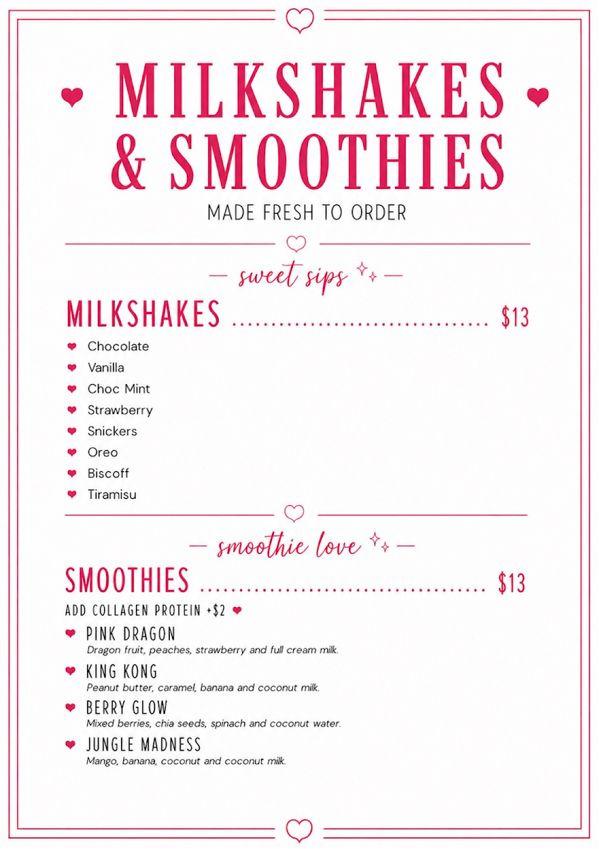 Menu, Loverboy Cafe