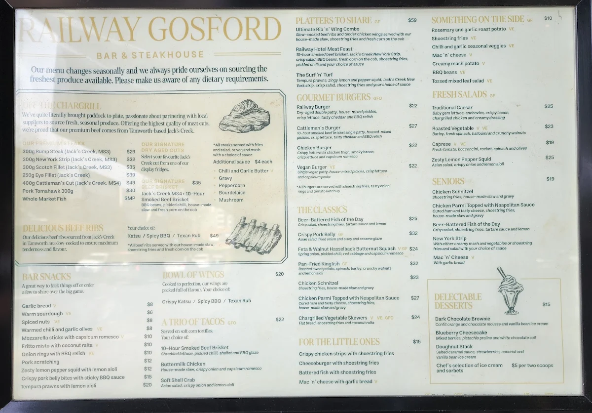 Menu, Railway Hotel Gosford Bar & Steakhouse