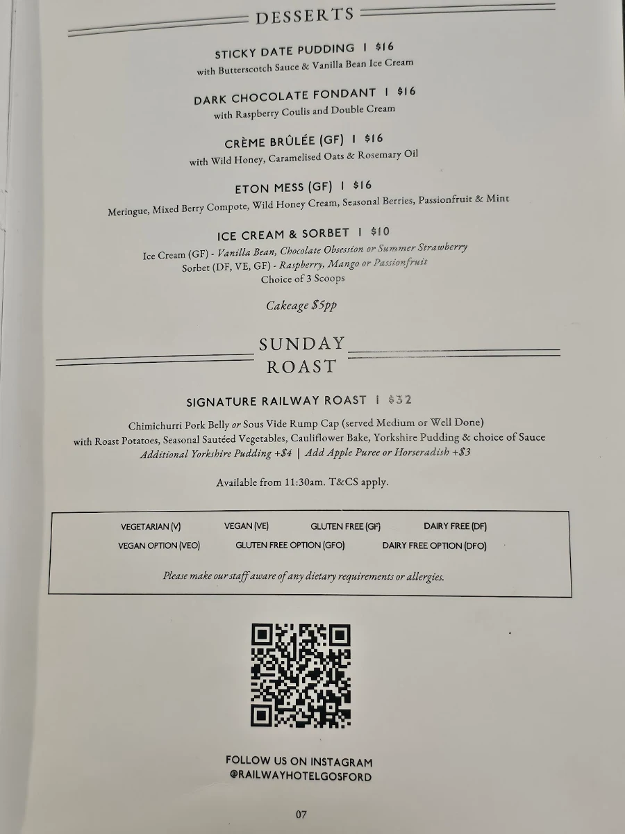 Menu, Railway Hotel Gosford Bar & Steakhouse