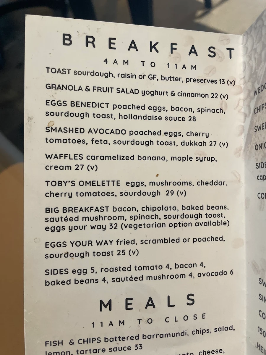 Menu, Toby's Estate