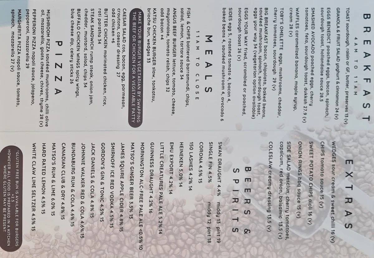 Menu, Toby's Estate