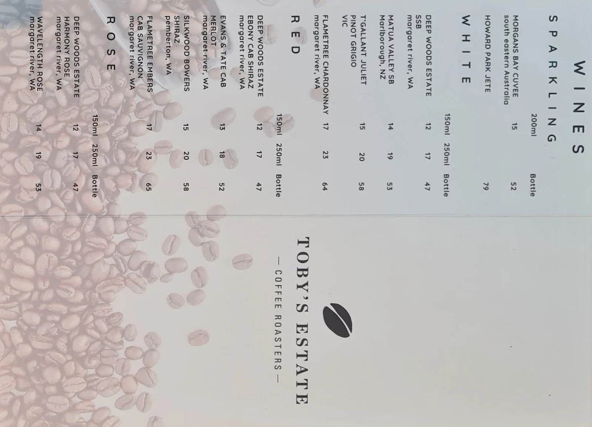 Menu, Toby's Estate