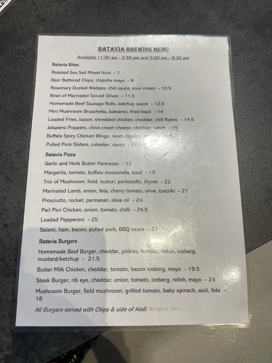 Menu, Batavia Brewing