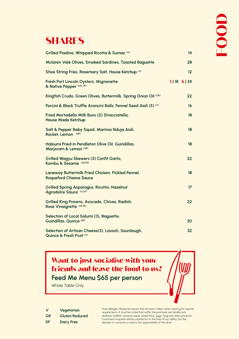 Menu, The Laneway Social, East End