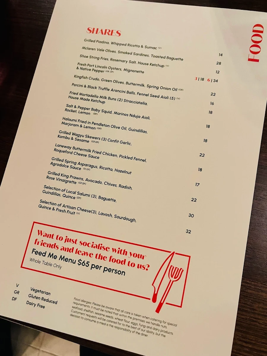 Menu, The Laneway Social, East End