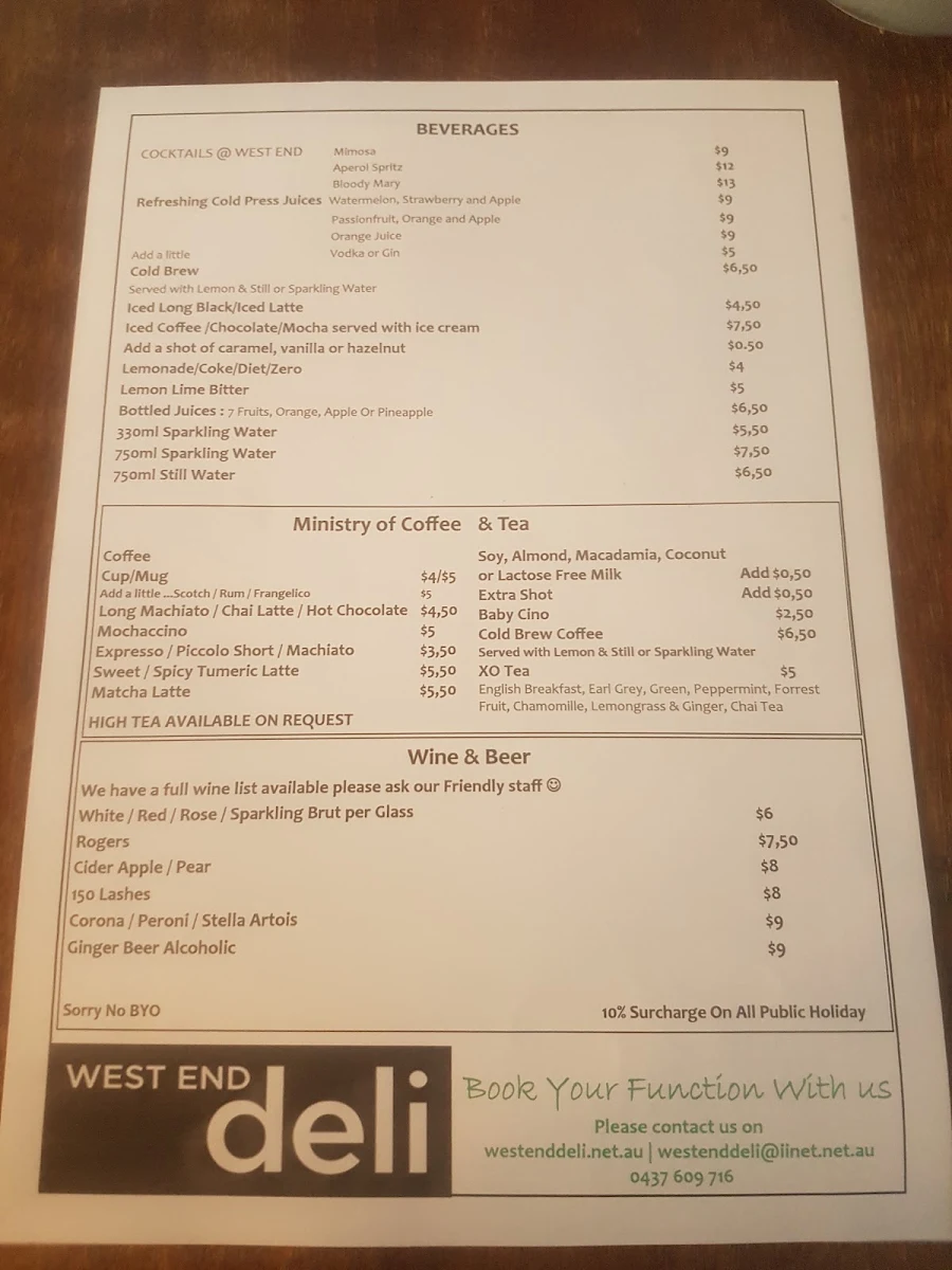 Menu, West End Deli