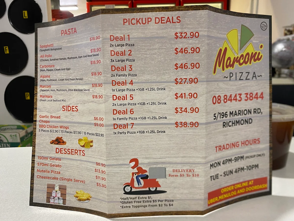 Menu, Marconi Pizza