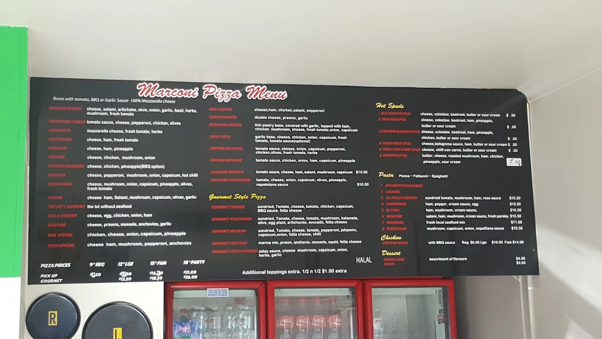 Menu, Marconi Pizza